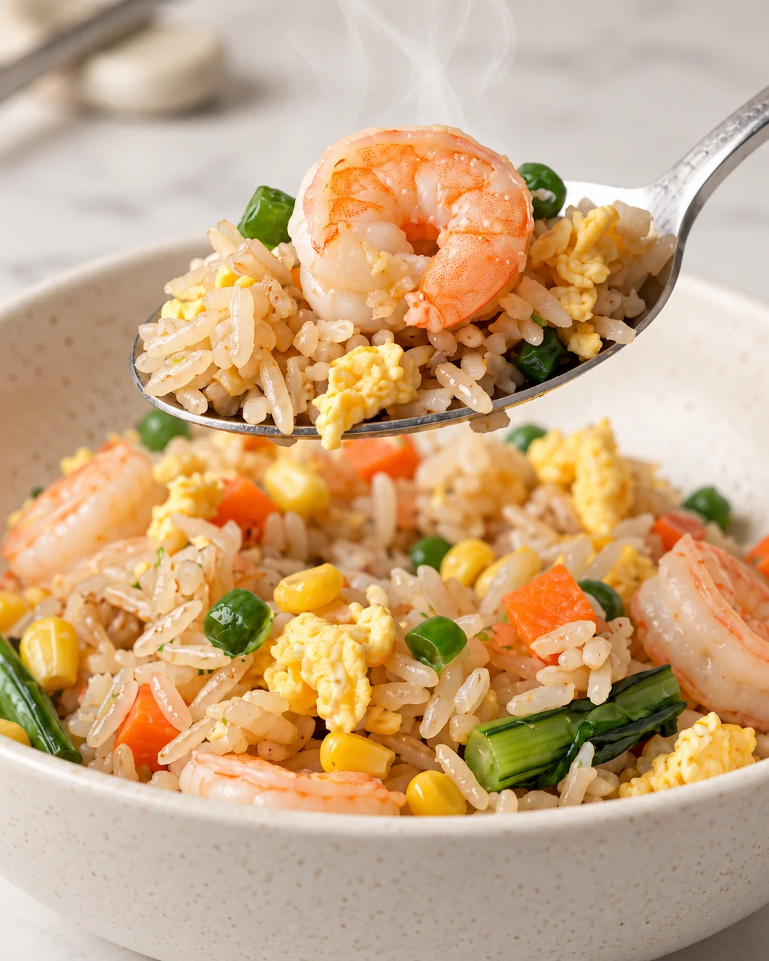 Shrimp & Egg Fried Rice 3 Steaming shrimp and egg fried rice with corn, carrots, and green vegetables in a cream bowl