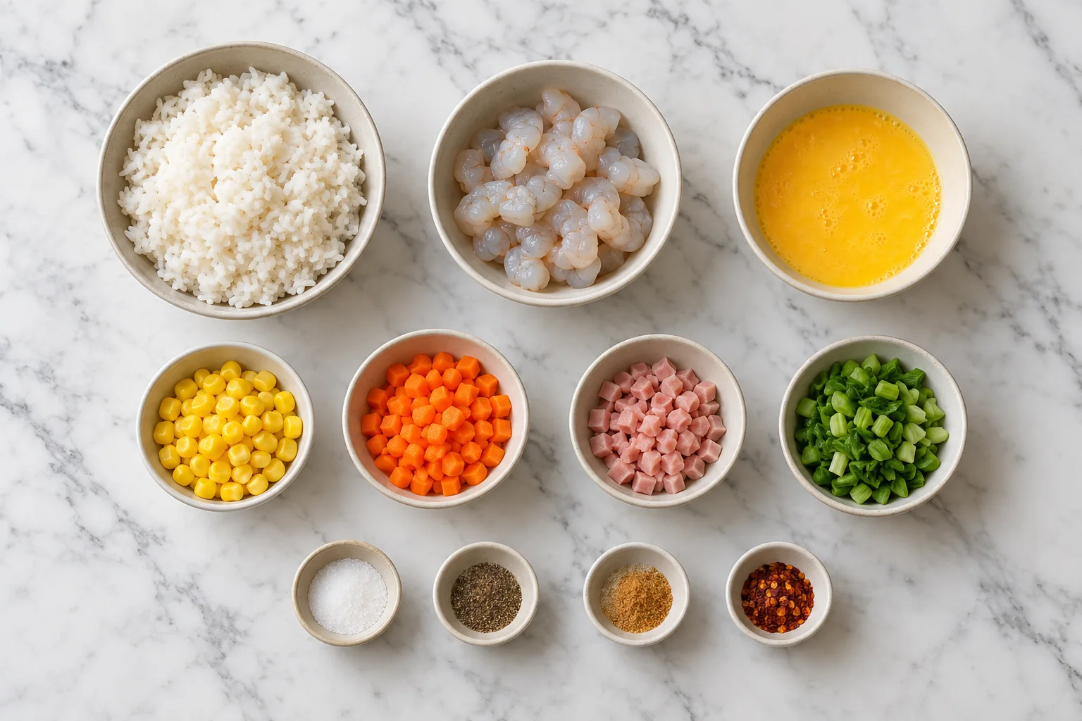 Shrimp & Egg Fried Rice 1 Cooked rice, raw shrimp, beaten eggs, corn, carrot, diced charcuterie, baby bok choy, and four seasonings arranged overhead
