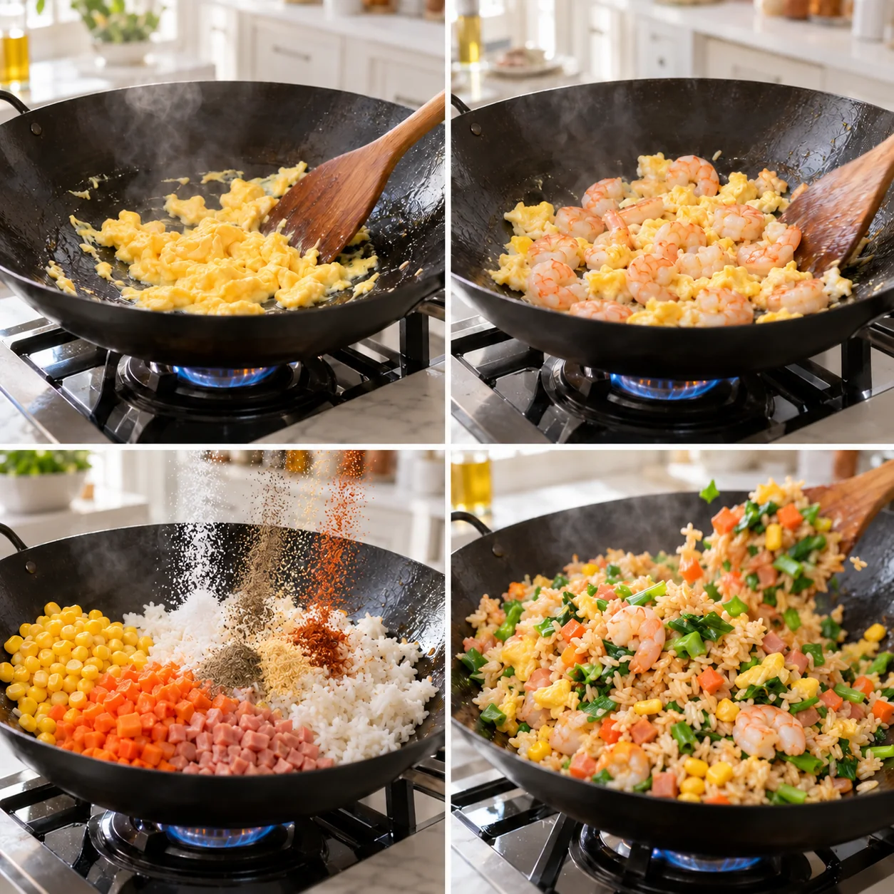 Shrimp & Egg Fried Rice 2 Four cooking steps showing eggs, shrimp, rice with charcuterie and vegetables, dry seasonings, and finished shrimp fried rice