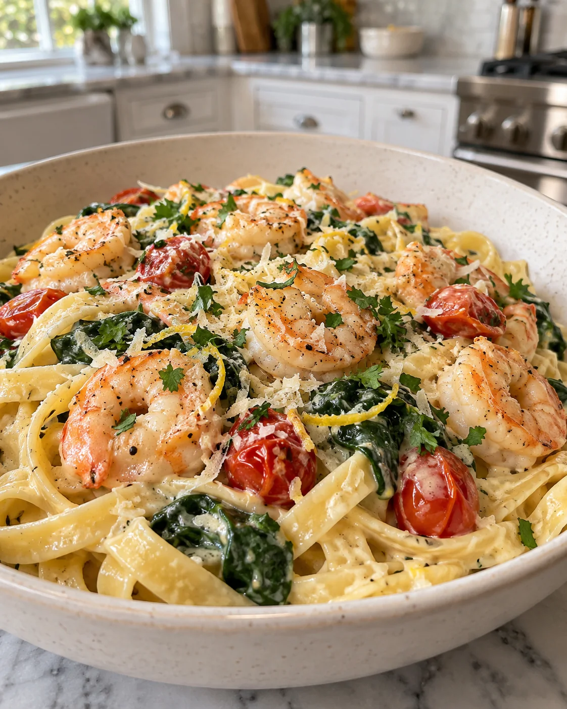 Ultra-Creamy Baked Brie Shrimp Fettuccine 1 Creamy fettuccine topped with shrimp, cherry tomatoes, spinach, Parmesan, parsley, and lemon zest in a white bowl.